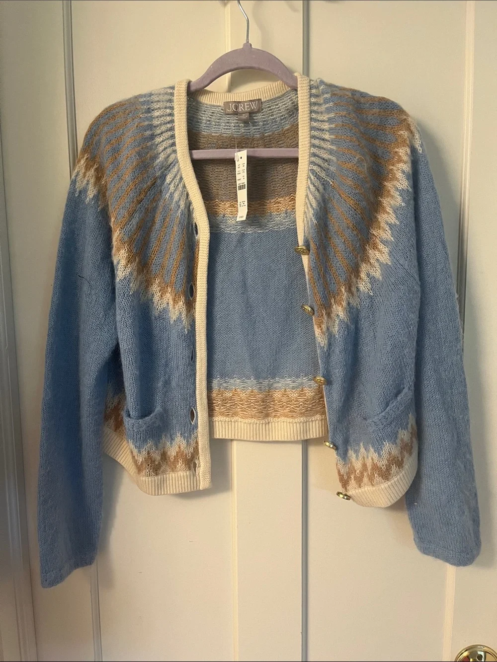 J. Crew Powder Blue & Cream Fair Isle Cardigan and Crop Top Set
